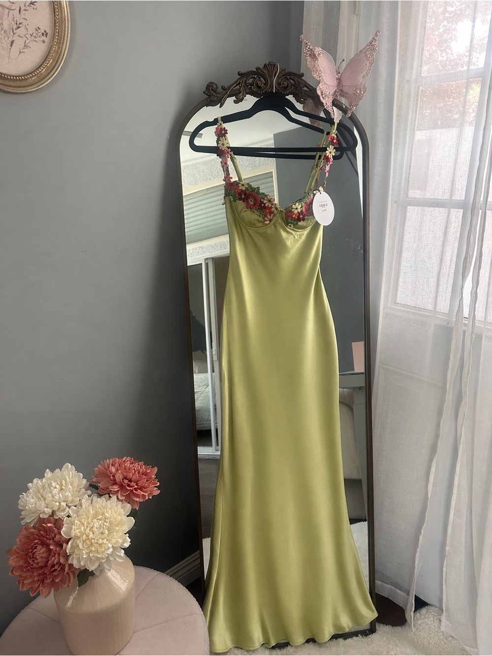 Princess Polly Light Green Satin Maxi Dress with Pink Floral Trim - Picture 2 of 2